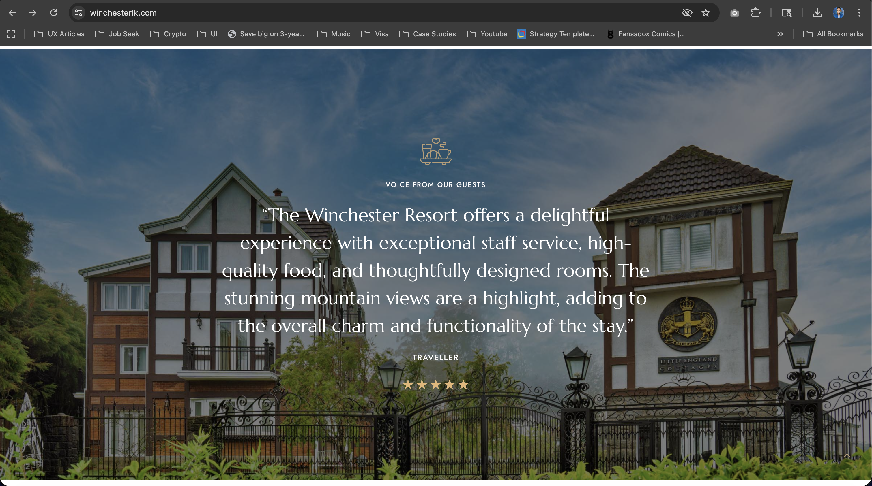 WinchesterLK guest testimonial section — 5-star review with property photography background